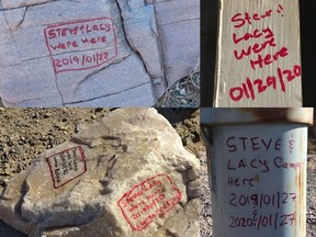 Each of the markings are believed to have been created in January 2019 or January 2020 and include variations of "Steve & Lacy were here." One marking reads "Steve & Lacy camped here, 2019/01/27 & 2020/01/27," while another reads "Steve & Lacy were here, 2019/01/20, lunar eclipse."