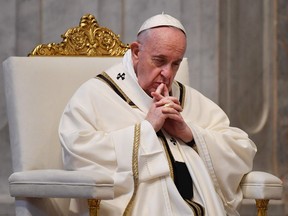 Pope Francis gathers his thoughts during Easter Sunday Mass on April 12, 2020 behind closed doors at St. Peter's Basilica in The Vatican, during the lockdown aimed at curbing the spread of the COVID-19 infection, caused by the novel coronavirus.