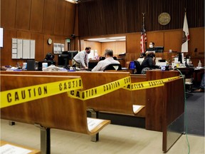 Los Angeles Superior Court Judge Miguel Espinoza holds arraignments in his courtroom via video at Clara Shortridge Foltz Criminal Justice Center on Tuesday, April 21, 2020 in Los Angeles, California.