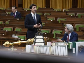 Prime Minister Justin Trudeau responds to a question during Question Period in the House of Commons Monday April 20, 2020 in Ottawa.