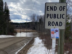 Flooding over a road near the community of Mud River, 30 kilometres from Prince George, B.C. is seen in this handout photo. A flood warning has been issued for a river near Prince George, B.C., after it rose nearly 35 centimetres in a day.