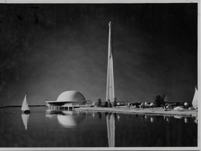 A proposed $1.5 million centennial "landmark by the sea" was unveiled on may 1, 1965 by architect Gerald Hamilton. John Fulker photo.