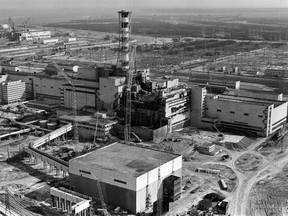 A picture taken from a helicopter in April 1986 shows a general view of the destroyed fourth power block of Chernobyl's nuclear power plant a few days after the catastrophe.