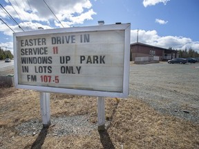 A sign announces an Easter service at Marine Drive Pentecostal Church in Head of Jeddore, N.S. on Sunday, April 12, 2020. An organization that advocates for constitutional freedoms wants the Saskatchewan Health Authority to say it was a mistake to tell a church an Easter drive-in service was a 'mass gathering' prohibited under public health orders.
