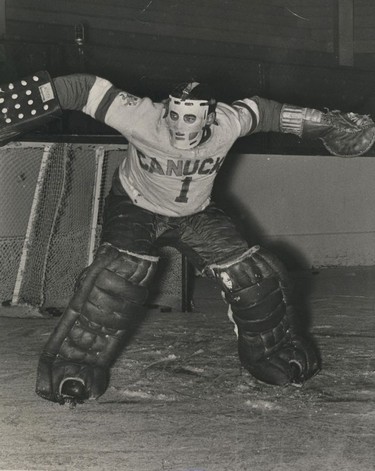 Vancouver Canucks goalie George Gardner at training camp on Sept. 23, 1968. Ralph Bower/Vancouver Sun.