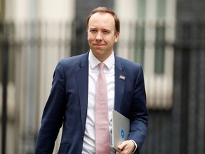 British Health Secretary Matt Hancock outside 10 Downing Street in London on April 27, 2020.