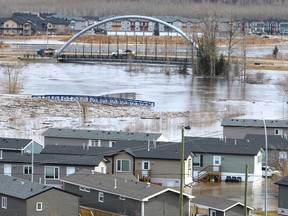Flood waters from the Clearwater River cover the Ptarmigan Trailer Park in Fort McMurray, Alta., on April 27, 2020.