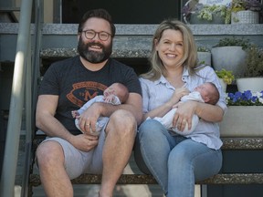 Vancouver Sun columnist Dan Fumano and wife Megan Fumano with their twins, Francesca and Leo, Saturday, April 12, 2020 in Vancouver, BC.