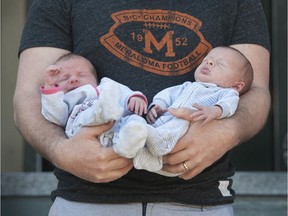 Vancouver Sun columnist Dan Fumano and his wife Megan with their newborn twins Francesca and Leo.