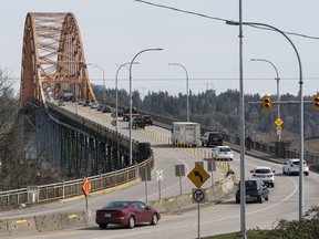 Traffic moves with no delays over the Pattullo Bridge at mid-afternoon on Monday.