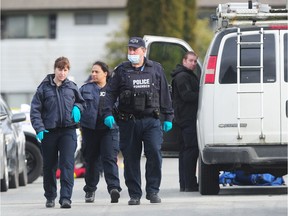 Surrey RCMP and the Integrated Homicide Investigation Team (IHIT) on scene on in the 8800 block of 138A St where a man was shot in the early hours of the morning , 2020. Residents reported gunfire and when the police arrived the victim was dead.