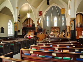 NEW WESTMINSTER, B.C.: April 12, 2020 – Rev. Richard Leggett is pictured in action during a live streaming of the Easter Sunday Eucharist at Holy Trinity Anglican Cathedral in New Westminster, B.C. on April 12, 2020.