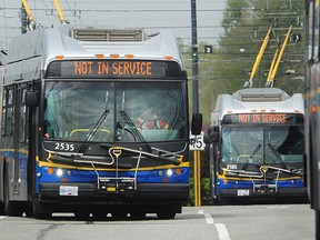 Rows of buses at the Marpole Bus Yard as TransLink slashes service to cut costs during the COVID-19 pandemic.