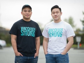 Boaz Chan and Eddison Ng with Vancouver Strong T-shirts.