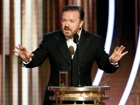 Ricky Gervais is seen during the 77th Golden Globe Awards in Beverly Hills January 5, 2020. (Paul Drinkwater/NBCUniversal/Handout via REUTERS)