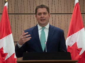 Conservative Leader Andrew Scheer speaks during a news conference about the COVID-19 pandemic, in Ottawa on March 24, 2020.