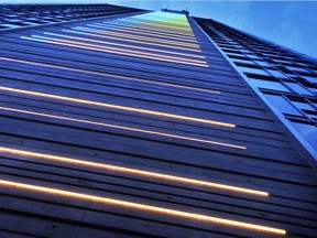 Low angle detail view of Dutch artist Tamar Frank's LED displays she created for the tower at 1499 West Pender in Vancouver.