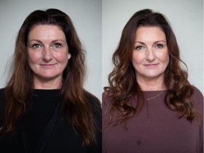 Michelle Kelava has been travelling and hadn't cut her hair in over a year. On the left is Michelle before her makeover by Nadia Albano. On the right is her after. Photo: Nadia Albano.