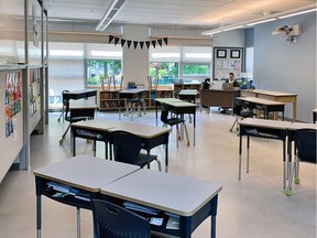 A classroom at L'Ecole Bilingue in Vancouver with socially-distanced desks and chairs in May 2020.