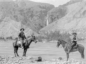 James Teit (left) and his Nlaka'pamux friend, George Ta-magh-kyn, circa 1890 on the south bank of the Thompson River, across the river from Murray Falls, just below Spences Bridge.
