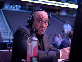 Announcer Joe Rogan reacts during UFC 249 at VyStar Veterans Memorial Arena on May 09, 2020 in Jacksonville, Florida.