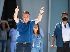 Brazilian President Jair Bolsonaro participates in a protest against the National Congress and the Supreme Court amidst on the coronavirus (COVID-19) pandemic at the Planalto Palace on May 3, 2020 in Brasilia.