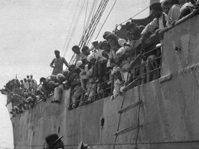 On May 23, 1914, the SS Komagata Maru arrived in Vancouver with would-be immigrants led by Indian businessman Gurdit Singh, who sought to challenge Canada's exclusionary immigration policy towards Asians. The 376 passengers were denied entry to Canada, and had to remain on the ship for two months before being forced to leave under armed escort on July 23rd.  James Luke Quiney photo, City of Vancouver Archives