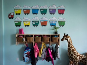 Children's backpacks and shoes are seen at an early learning daycare franchise, in Langley, B.C., on Tuesday May 29, 2018.