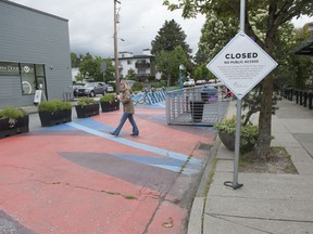 Vancouver is looking at converting more side streets into temporary plazas, like this one May 13 on East 14th Avenue near Main Street, which is currently closed during the COVID-19 pandemic.