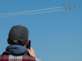 REGINA, SASK : May 14, 2020  -- The Snowbirds fly over Regina, Saskatchewan on May 14, 2020. The flyover was part of Operation Inspiration, a nationwide tour for the team. BRANDON HARDER/ Regina Leader-Post