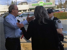 Screen grabs from an incident at a business owned by Surrey city councillor Allison Patton. Police were called in to mediate after the discussion got heated. Surrey Mayor Doug McCallum is shown here talking with an RCMP officer.