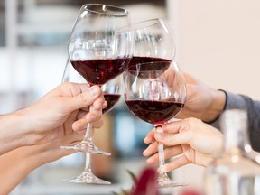 Close up of glasses raising a toast at lunch. Closeup of friends toasting glasses of red wine in a party. Group of friends a toast to the cheers of red wine at restaurant.