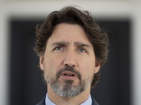 Prime Minister Justin Trudeau is seen during his daily news conference outside Rideau Cottage in Ottawa, Thursday May 14, 2020.