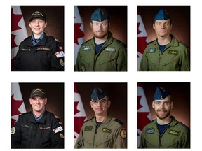 Canadian Armed Forces members (clockwise from top left) Sub-Lt. Abbigail Cowbrough, Capt. Brenden MacDonald, Capt. Kevin Hagen, Capt. Maxime Miron-Morin, Master Cpl. Matthew Cousins and Sub-Lt. Matthew Pyke are shown in a Department of National Defence handout photos. All were aboard a Cyclone helicopter which crashed into the Ionian Sea off the coast of Greece on April 29.