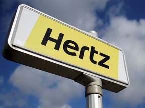 The logo of the American car rental company Hertz is seen at the Nantes-Atlantique airport in Bouguenais near Nantes, western France.