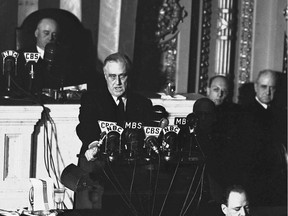 1941: President Franklin D. Roosevelt appearing before a joint session of Congress.