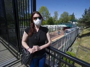 Liz Rosslyn at the 29th Avenue SkyTrain station in Vancouver on Friday, May 8. Rosslyn is concerned there doesn't seem to be much attention paid to social distancing on SkyTrains despite the guidelines to prevent the spread of COVID-19.