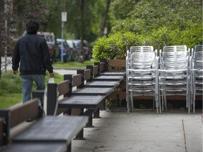 Port Coquitlam has earmarked $50,000 from the existing budget and will use the city's construction crew to help businesses expand their patios on sidewalks or streets. Pictured here, an outdoor seating area on Vancouver's Robson Street.