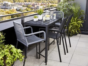 Choosing the right-sized furnishings can help make a narrow balcony function and flow. Canvas Mercier Balcony Rectangle Table, $99, CanadianTire.ca