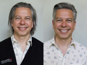 Jeff Belak is a 49-year-old business consultant in need of a new hairstyle. On the left is Jeff before his makeover by Nadia Albano, on the right is him after. Photo: Nadia Albano