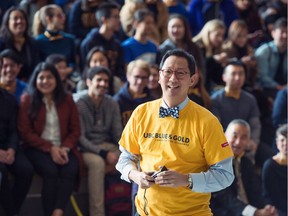 UBC president Santa Ono speaks to a crowd of students.