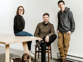 From left, Lock and Mortice team Rachel Peters, Josiah Peters, Ryan Tam and Arnold, the sheep dog.