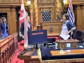 Speaker Darryl Plecas oversees a practice run of the legislature on June 18, 2020 to check procedures for a hybrid reopening with some MLAs physically present and some on video teleconference.