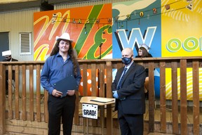Ethan Gilbert, Grade 12 valedictorian, with school head Dr. Jim Christopher at North Vancouver's Maplewood Alternative High School.