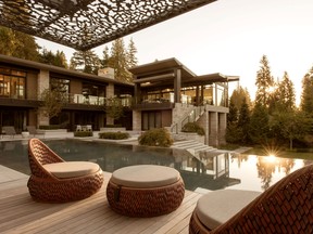 The infinity pool at the Pillon house is a serene oasis. Landscape architect Paul Sangha designed the leafy laser-cut steel pool canopy. The hand-woven outdoor furniture is by Dedon.