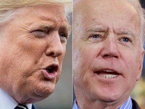This combination of file photos shows U.S. President Donald Trump (left) speaking to the media on March 3, 2020, and Democratic presidential candidate Joe Biden at a Nevada Caucus watch party on Feb. 22, 2020 in Las Vegas.