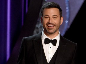 This file photo taken on Sept. 18, 2016 shows TV host Jimmy Kimmel during the 68th Emmy Awards show at the Microsoft Theatre in downtown Los Angeles.