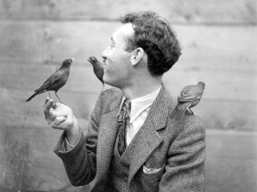 Vancouver Sun writer Bob Bouchette feeding robins at Charles E. Jones' Birds' Paradise, 1934. Vancouver Archives AM54-S4-2-: CVA 371-1268.