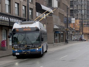 The No. 16 Arbutus trolley bus moves west along Broadway, near Granville Street, on Tuesday.