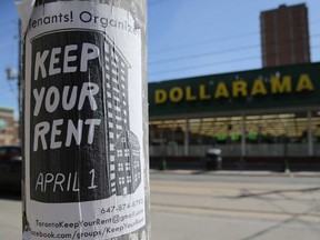 A sign publicizing a rent strike is fixed to a light pole during the global outbreak of the coronavirus disease in Toronto, in April.